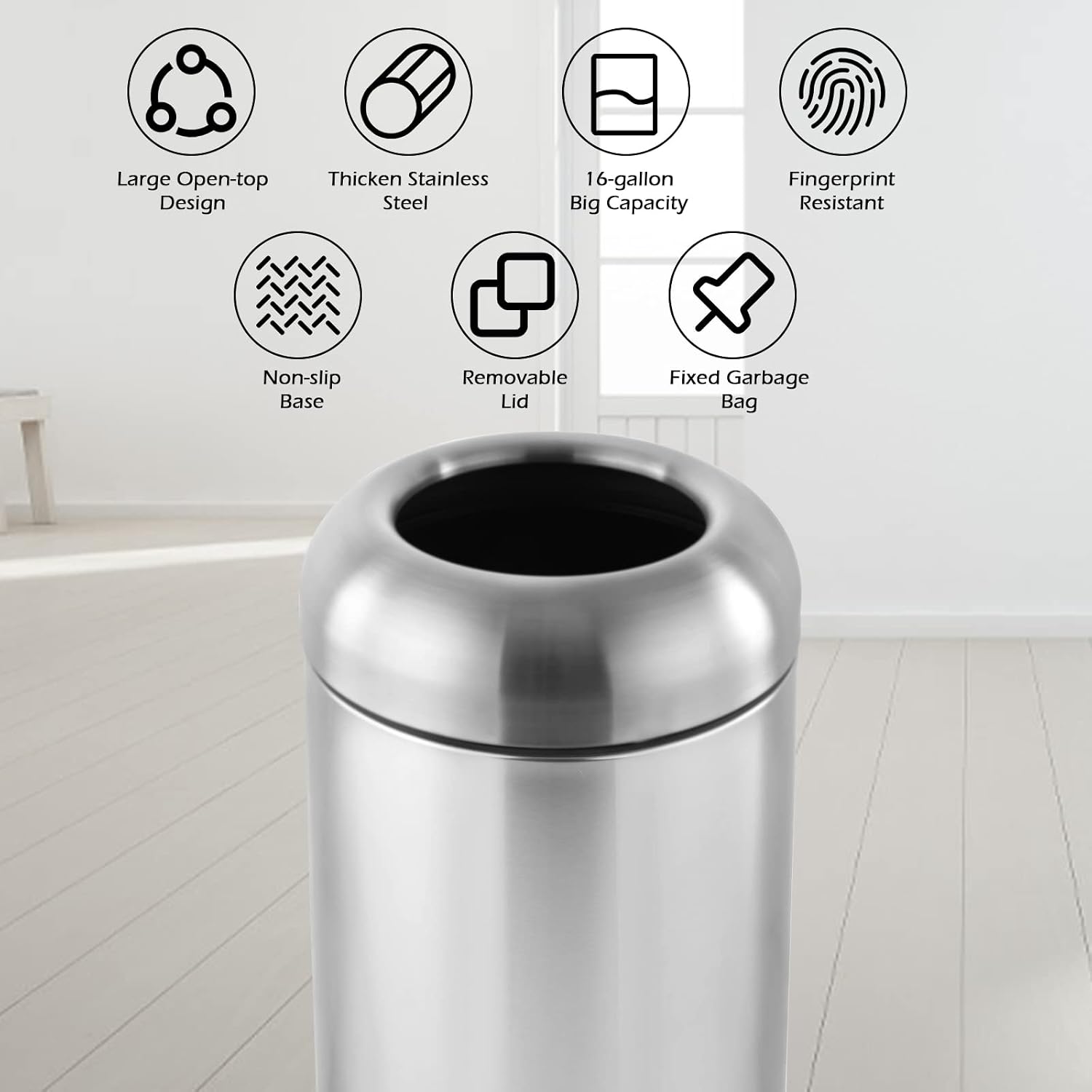 Large Stainless Steel Open‑Top - Commercial Kitchen Garbage Can 评论和价格